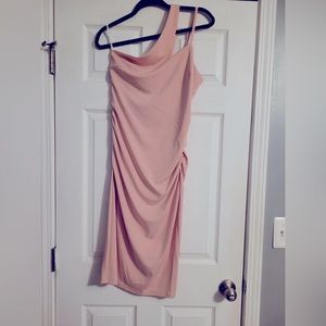 Pink off shoulder dress, never work, looks great and feels great.